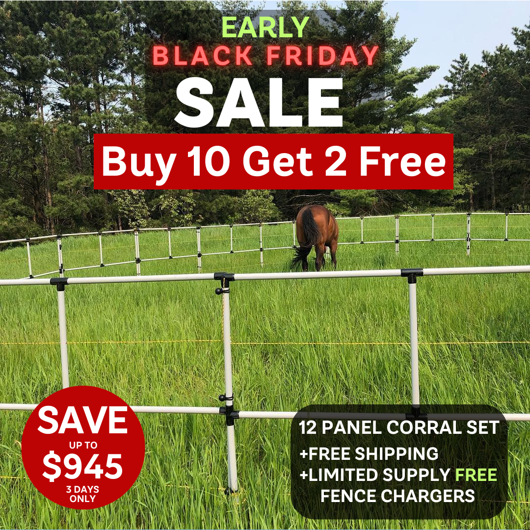 Ready Made Portable Electric Horse Corral Fencing: (Electric EconoLine 10+2=12 Panels; 2 Rails)