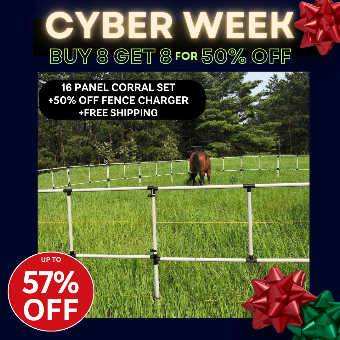 BOGO Ready Made Portable Electric Horse Corral Fencing: (Electric EconoLine 8x2 = 16 Panels; 2 Rails)