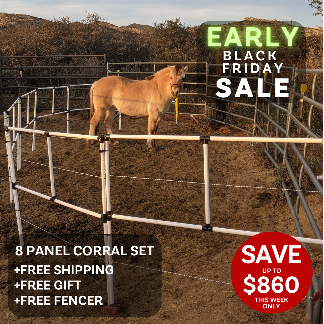 Ready Made Portable Electric Horse Corral Fencing: (Electric EconoLine 8 Panels; 2 Rails)