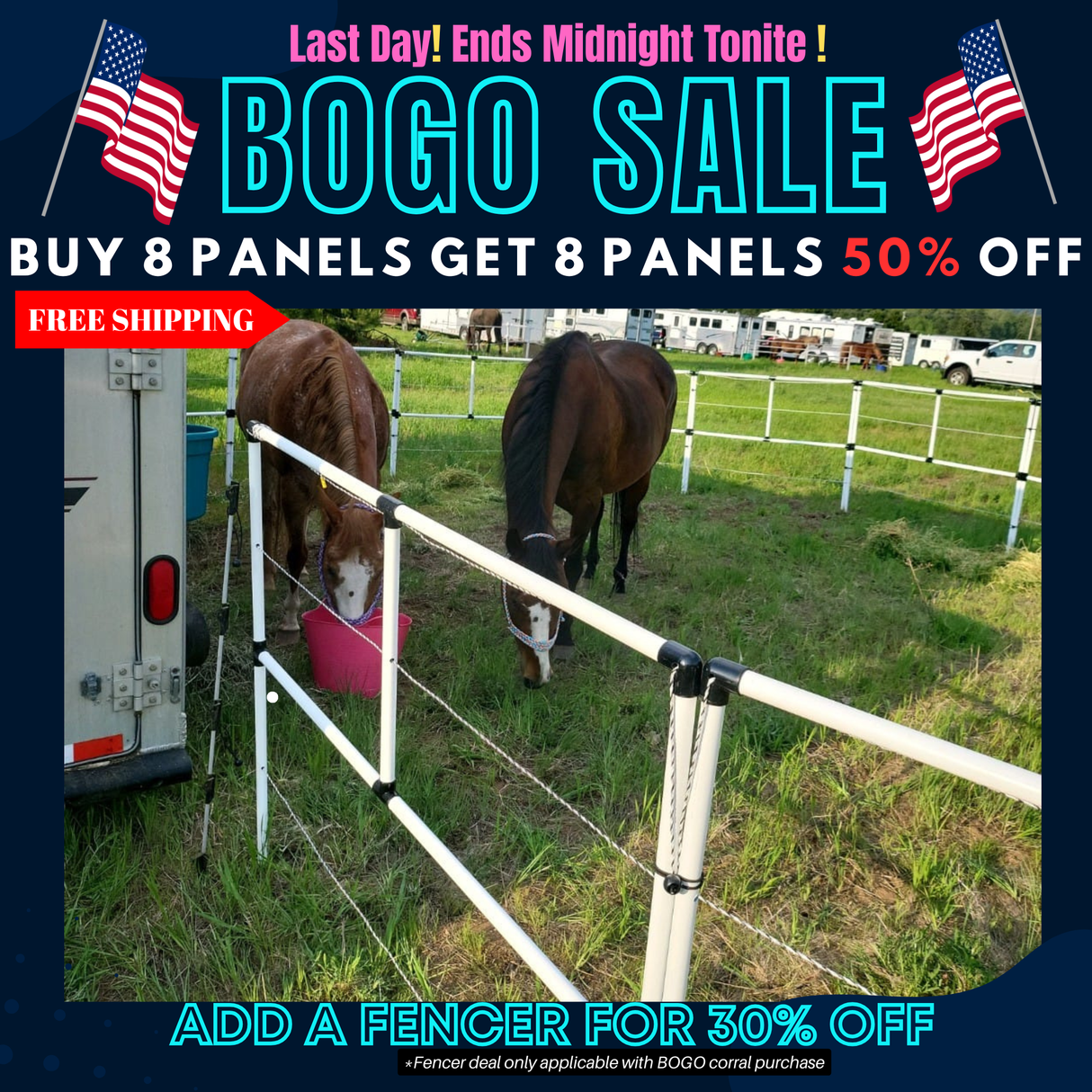 BOGO Ready Made Portable Electric Horse Corral Fencing: (Electric EconoLine 8x2 = 16 Panels; 2 Rails)