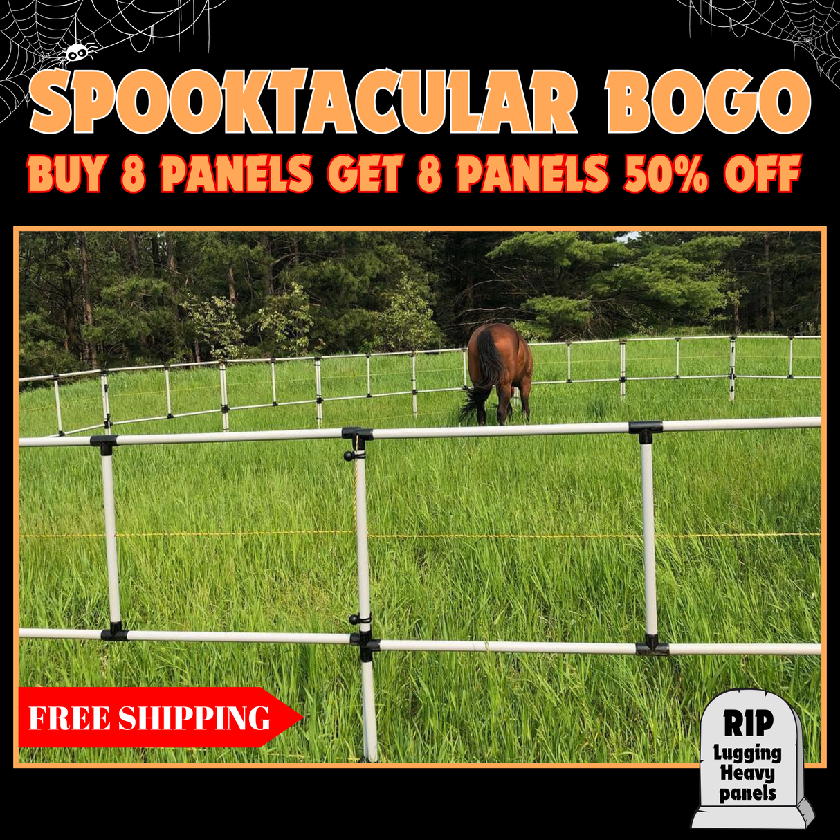 BOGO Ready Made Portable Electric Horse Corral Fencing: (Electric EconoLine 8x2 = 16 Panels; 2 Rails)