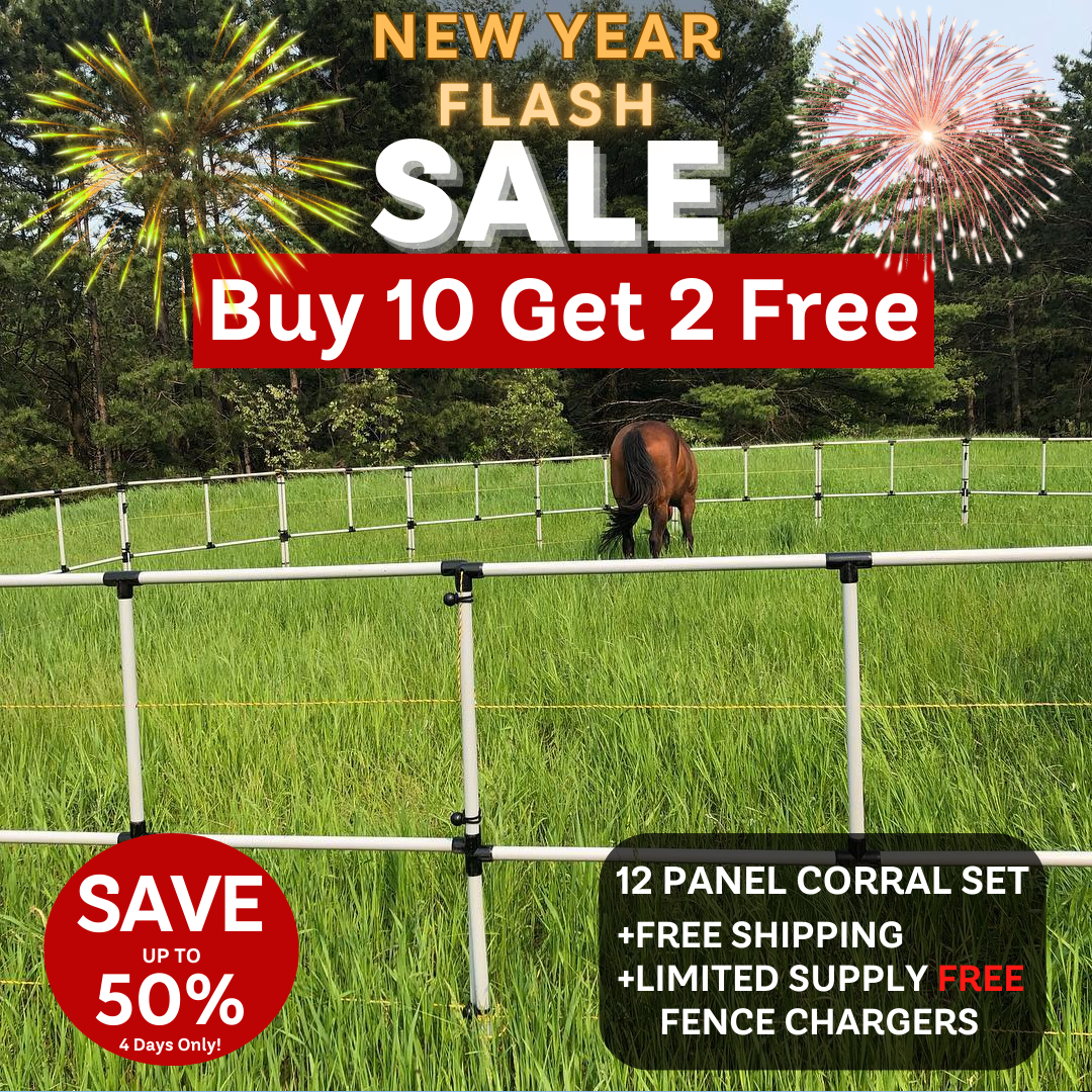 Ready Made Portable Electric Horse Corral Fencing: (Electric EconoLine 10+2=12 Panels; 2 Rails)